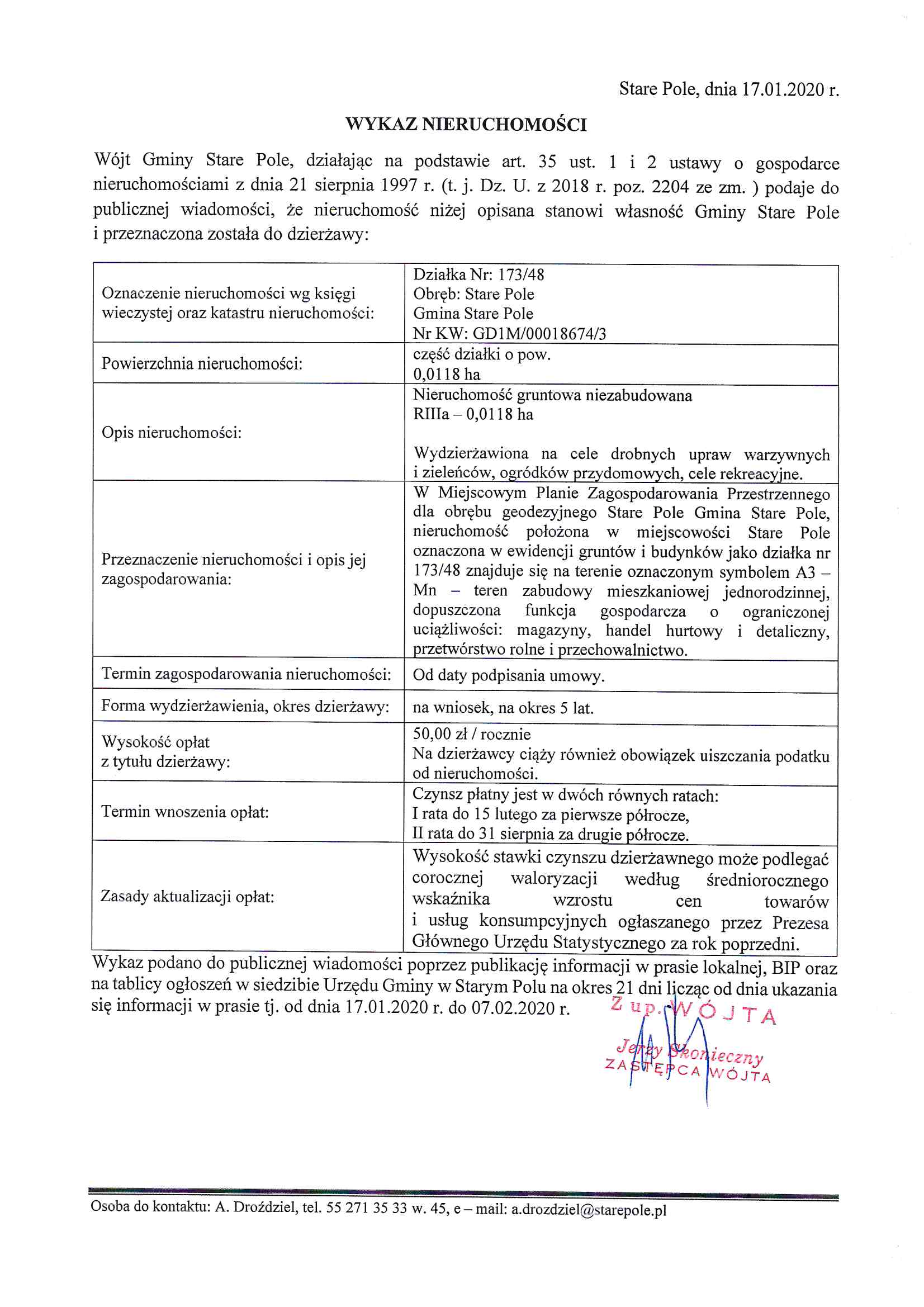 Wykaz z&nbsp;dnia 17 stycznia 2020 r. nieruchomości przeznaczonej do dzierżawy